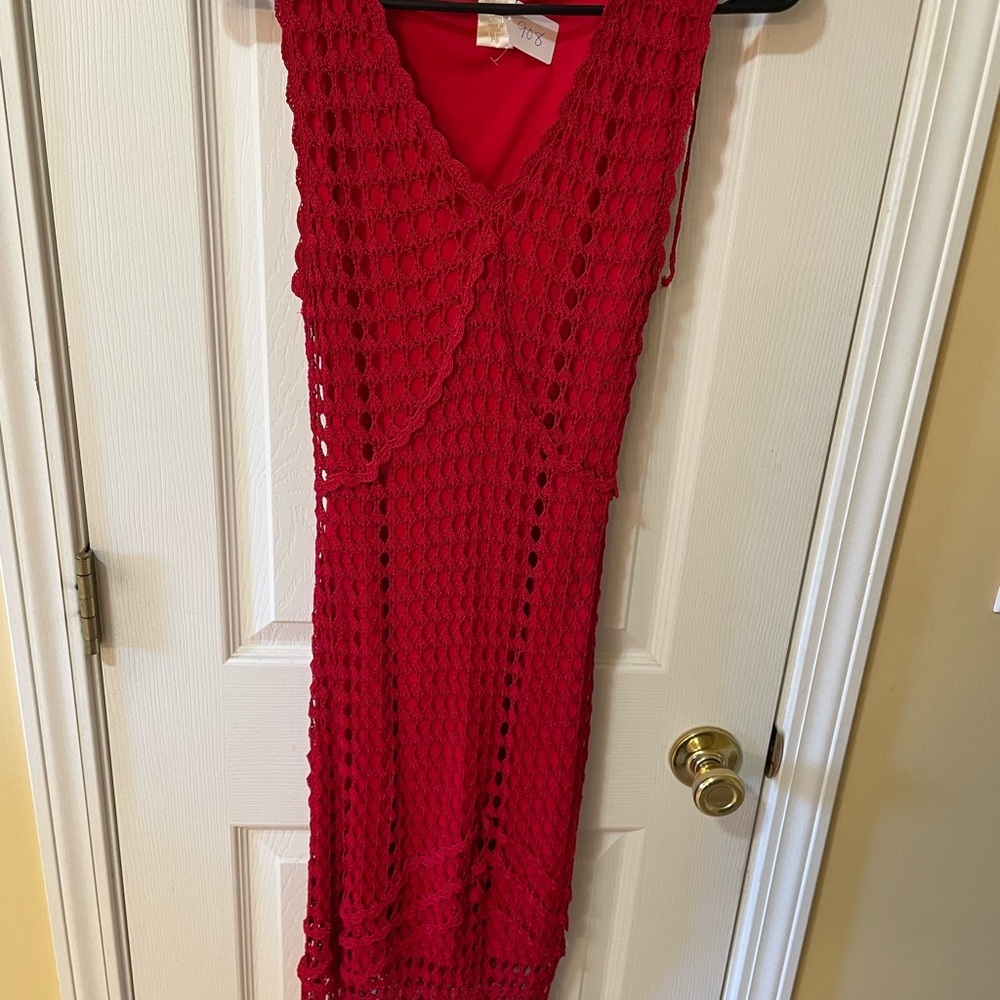 VTG Krochetta Petite Red Crochet Lace Maxi Dress Size Petite XS ❤️